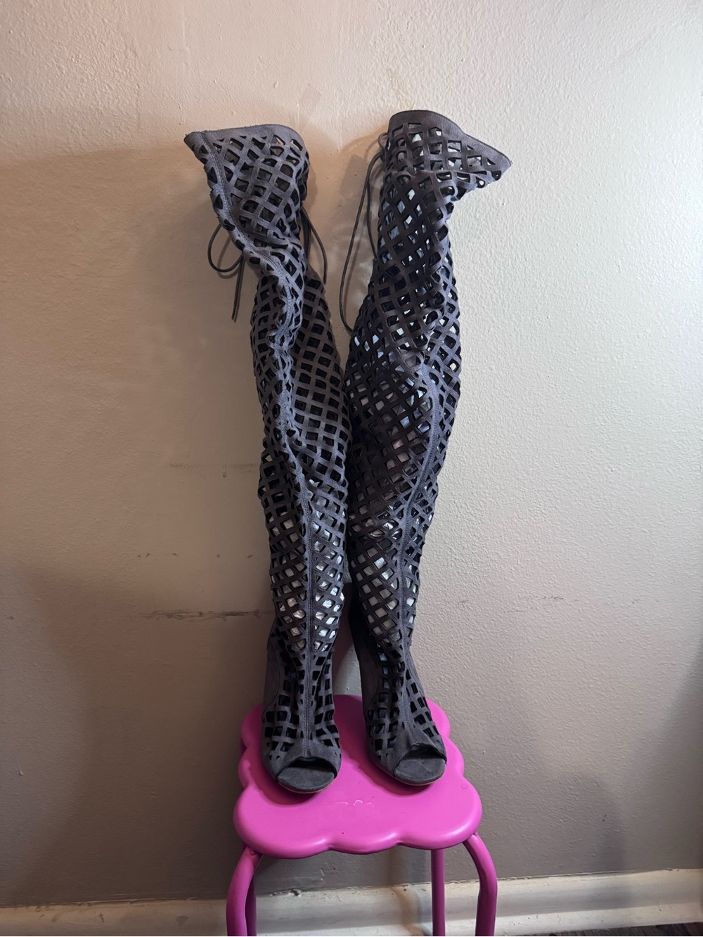 Women's Gray Over-the-Knee Lattice Cutout Heeled Boots